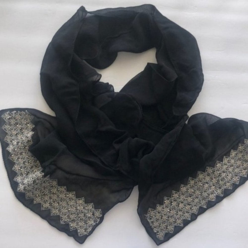 Scarf Black Sheer Wrap Beaded Ends New